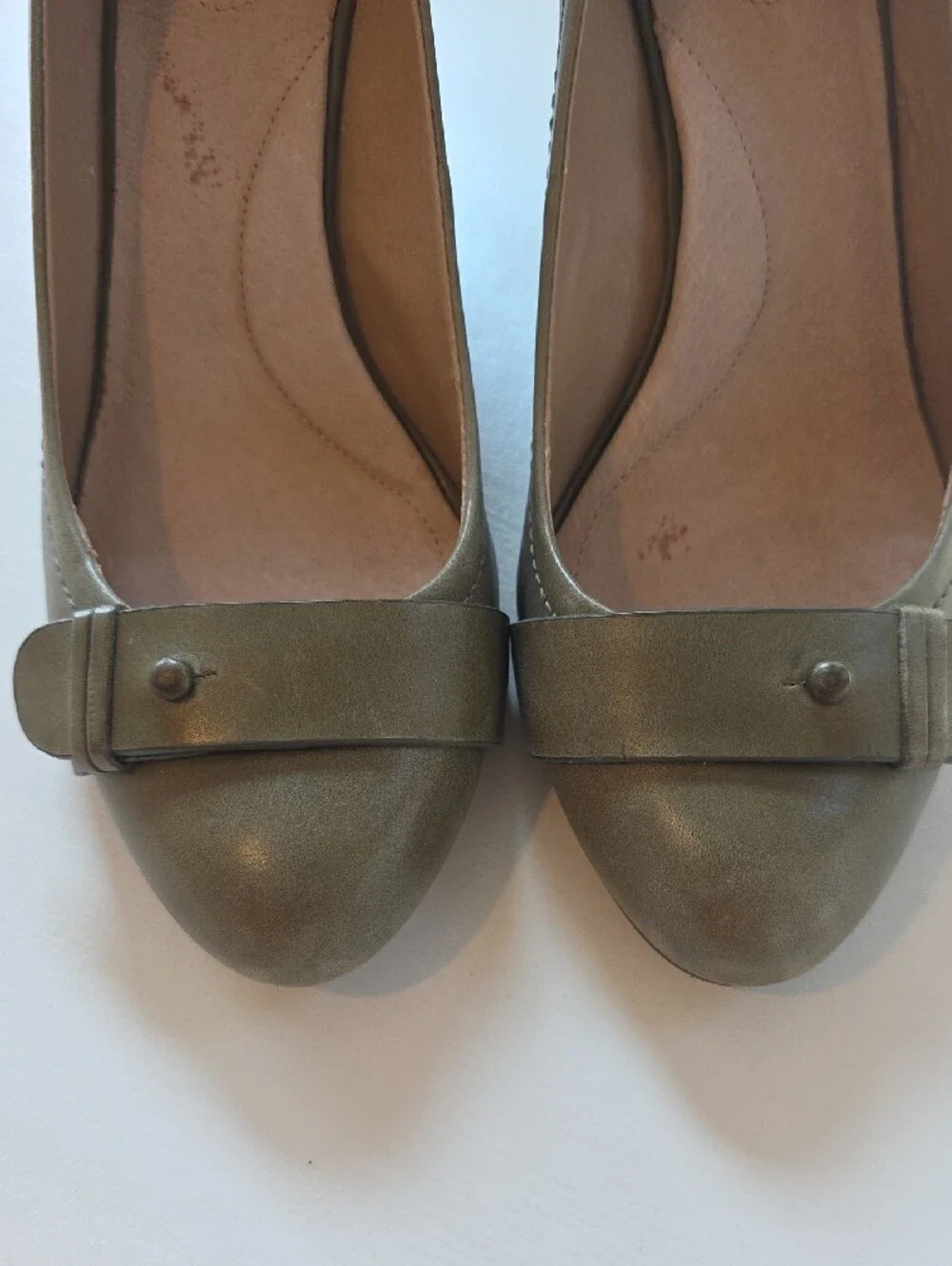 Lands' End Olive Leather Slip-On Ballet Flat Wedge Pumps with Strap Accent